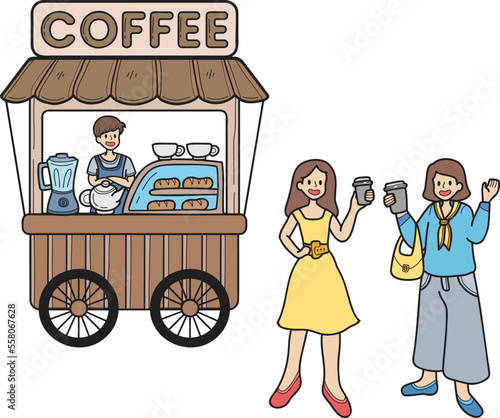 Hand Drawn Street food cart with coffee illustration