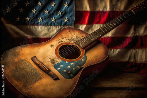 A vintage American string guitar, worn and weathered, stands in front of an old American flag. Embodies the vibrant history of music in the USA. photo