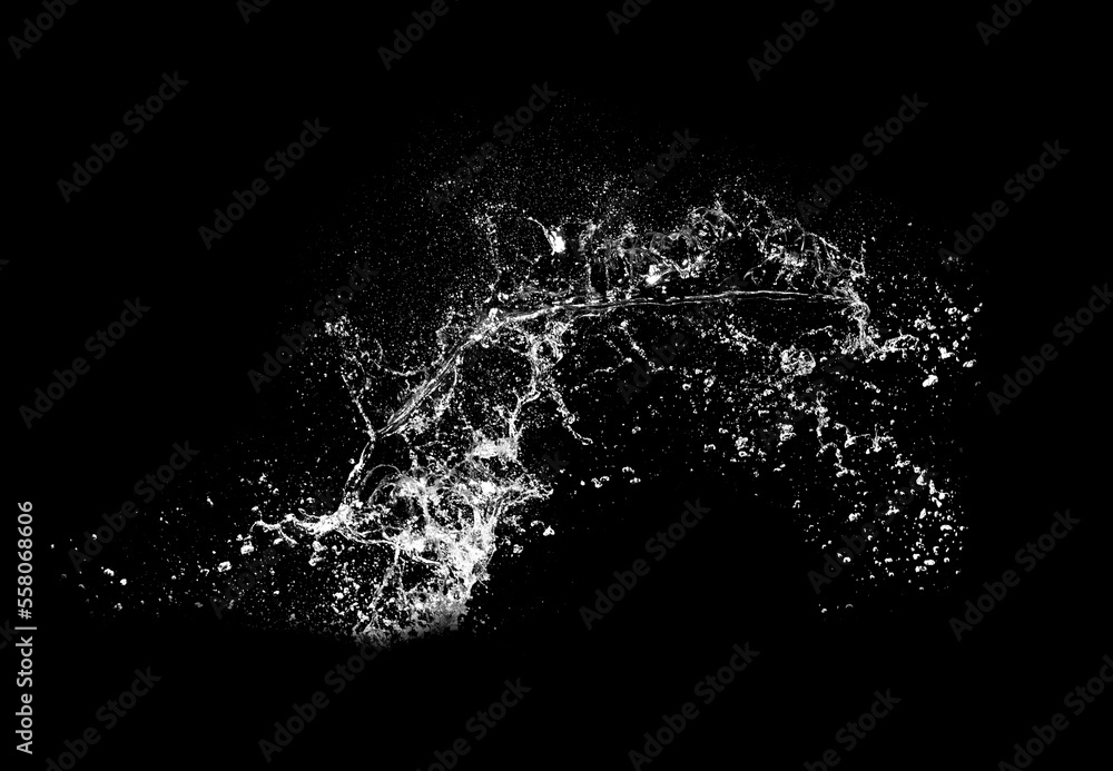 Pure Water splashes isolated on black background. Royalty high-quality free stock photo image of overlays realistic Clear water splash, Hydro explosion, aqua dynamic motion element spray droplets