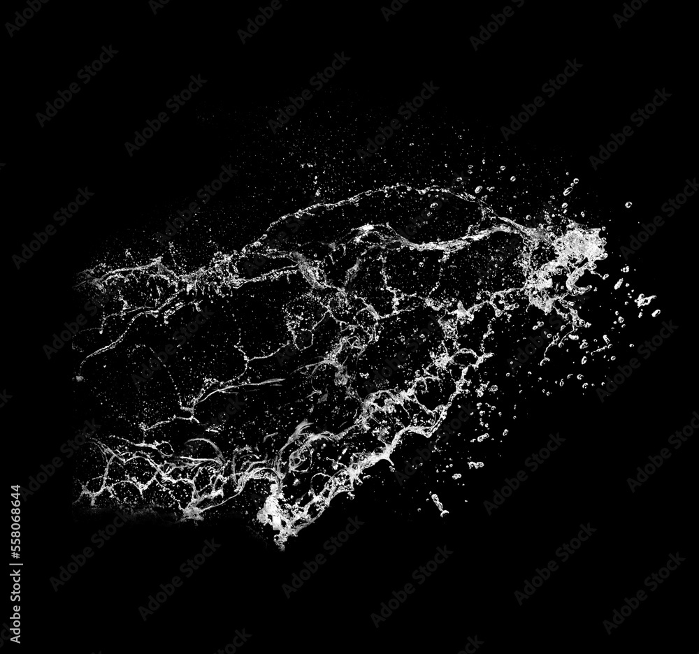 Pure Water splash isolated on black background. Royalty high-quality free stock photo image of overlays realistic Clear water splash, Hydro explosion, aqua dynamic motion element spray droplets