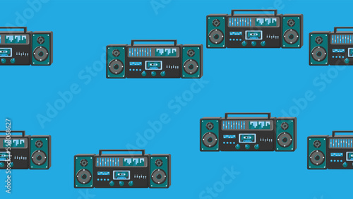 Seamless pattern endless with music audio cassette old retro tape recorders vintage hipster from 70s, 80s, 90s isolated on blue background. Vector illustration