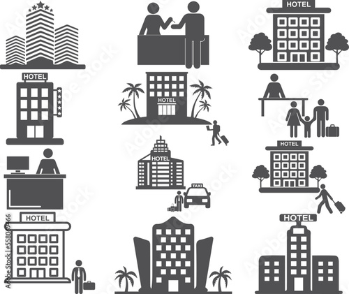 Hotel icon set, luxury hotel icon set black vector