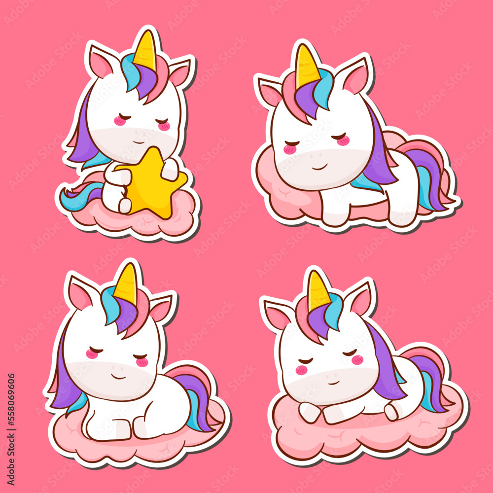 Set Cute unicorn sticker. Cute kawaii unicorn cartoon character collection. Flat cartoon style. Animal concept design. Vector art illustration. 