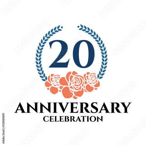 20th anniversary logo with rose and laurel wreath, vector template for birthday celebration.