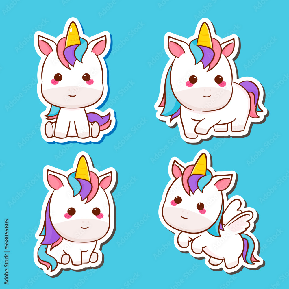 Set Cute unicorn sticker. Cute kawaii unicorn cartoon character collection. Flat cartoon style. Animal concept design. Vector art illustration. 