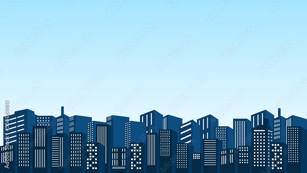 Reflection of city buildings with multi-storey buildings and apartments in a clear blue sky