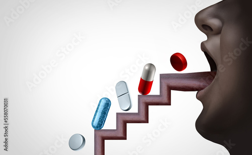 Prescription drug abuse and Opioids or ‎Fentanyl addiction as Opioids and the opioid crisis and substance abuse concept as over-prescribed medication as pills stairs  photo