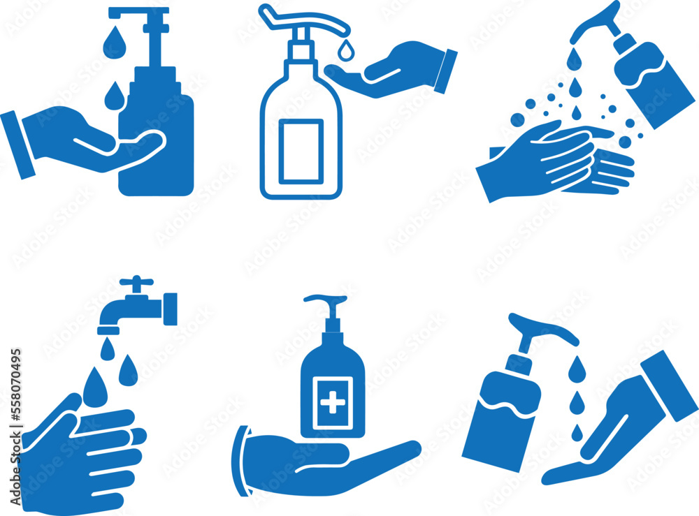 Hygiene hand icon set, hand washing icon set blue vector