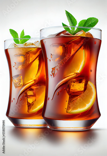 Two glass of iced tea on white background cold lemon juice