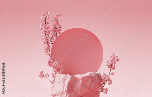 3D background, pink podium, stone display. Sakura pink flower tree branch with shadow. Floral Cosmetic or beauty product promotion step pedestal. Abstract minimal 3D render. Copy space spring mockup.