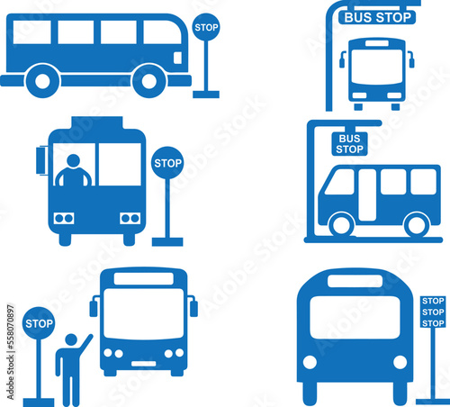 Bus stop icon set, transportation icon set blue vector