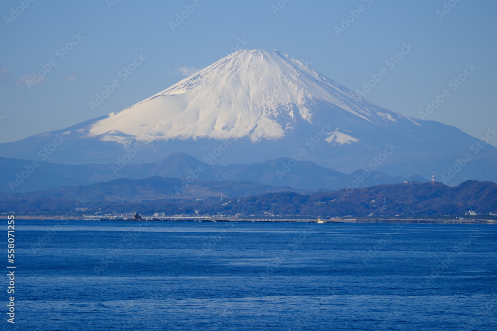 海辺から富士山を眺める