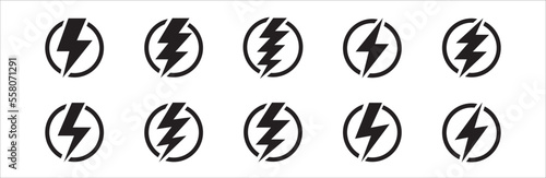 Electric power icon. Thunder bolt lightning icons set. Flash lightning sign vector collection. Various vector stock symbol illustration of thunderbolt electric flashes for energy powers and more