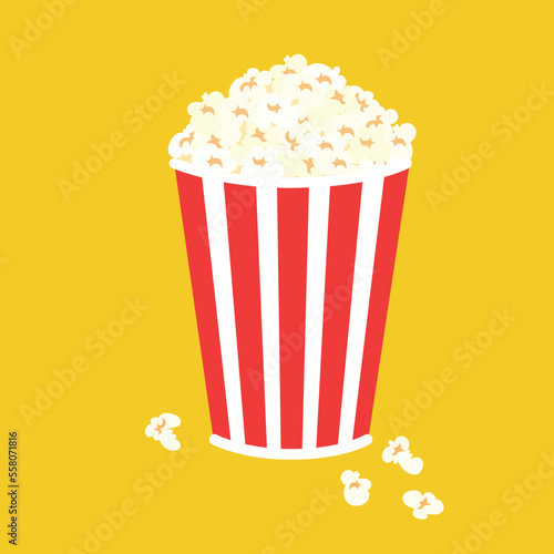 Popcorn in red box. Eat for cinema or movie. Vector illustration.