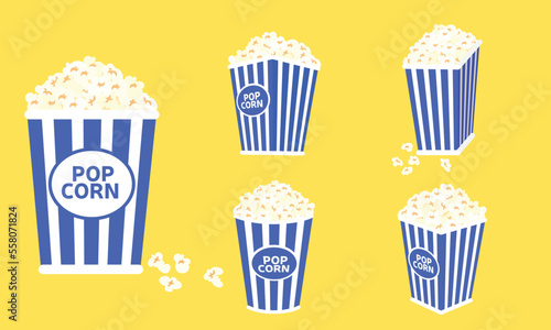 Set of popcorn in different types  blue box. Vector illustraiton.