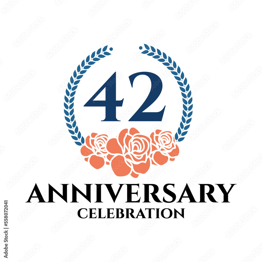 42nd anniversary logo with rose and laurel wreath, vector template for birthday celebration. 42nd anniversary logo with rose and laurel wreath, vector template for birthday celebration.