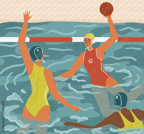 Water polo female players in action concept vector illustration. Women's swimming and water sports. Water polo team play game in tournament. Athlete attack goalkeeper with a ball