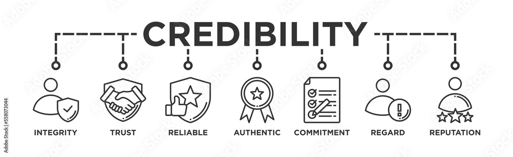 Credibility banner web icon vector illustration concept with icon of integrity, trust, reliable, authentic, commitment, regard, and reputation Credibility banner web icon vector illustration concept with icon of integrity, trust, reliable, authentic, commitment, regard, and reputation