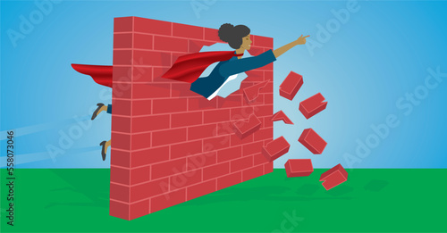 Superhero, superwoman taking her way through all problems. Brave woman. Vector illustration.
