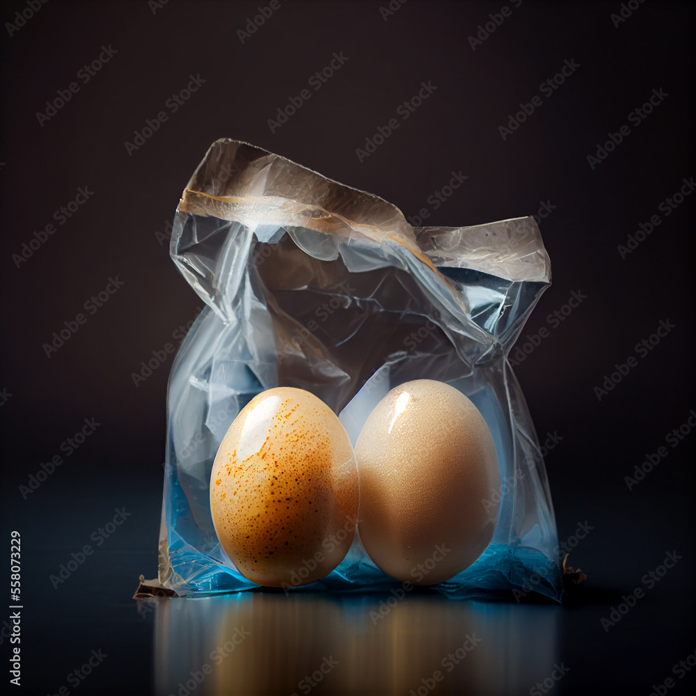 Two eggs in plastic bag, created with Generative AI technology. Stock
