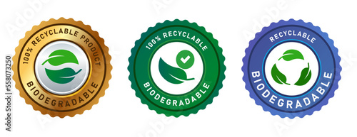 Biodegradable recyclable label sticker stamp icon seal logo gold green blue