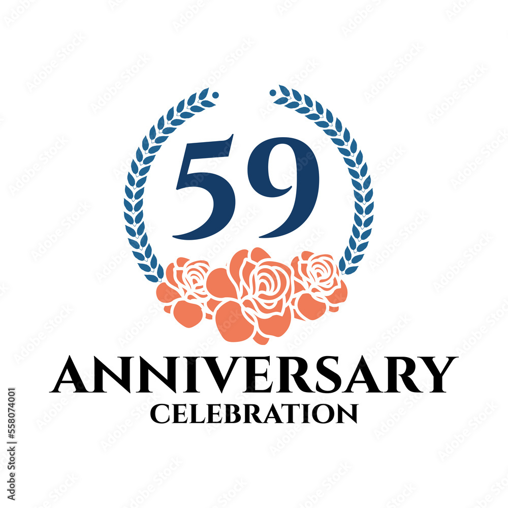 59th anniversary logo with rose and laurel wreath, vector template for birthday celebration.