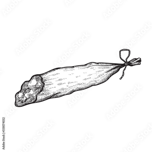 Salami dry sausage in vintage style. Hand drawn sketch style butchery product. Best for package and market advertising design. Vector illustrations isolated on white background.