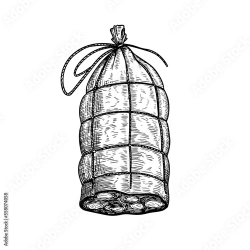 Sausage in vintage style. Hand drawn sketch style butchery product. Best for package and market advertising design. Vector illustrations isolated on white background.