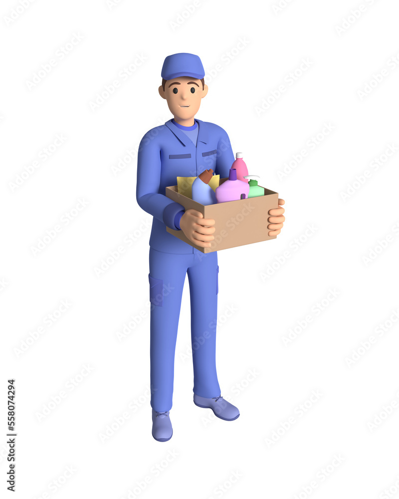 Man is holding a box with cleaning products for the house. Online cleaning service. 3d rendering