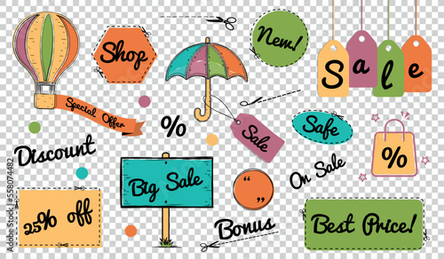 Discount Shopping Doodle Icons Set - Different Vector Illustrations Isolated On Transparent Background