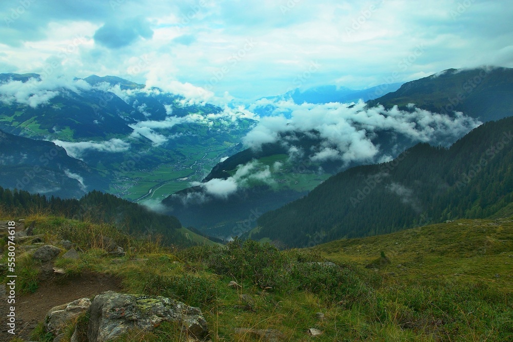 Austrian Alps - view of the Zillertal valley from the footpath at the upper station of the Ahornbahn cable car