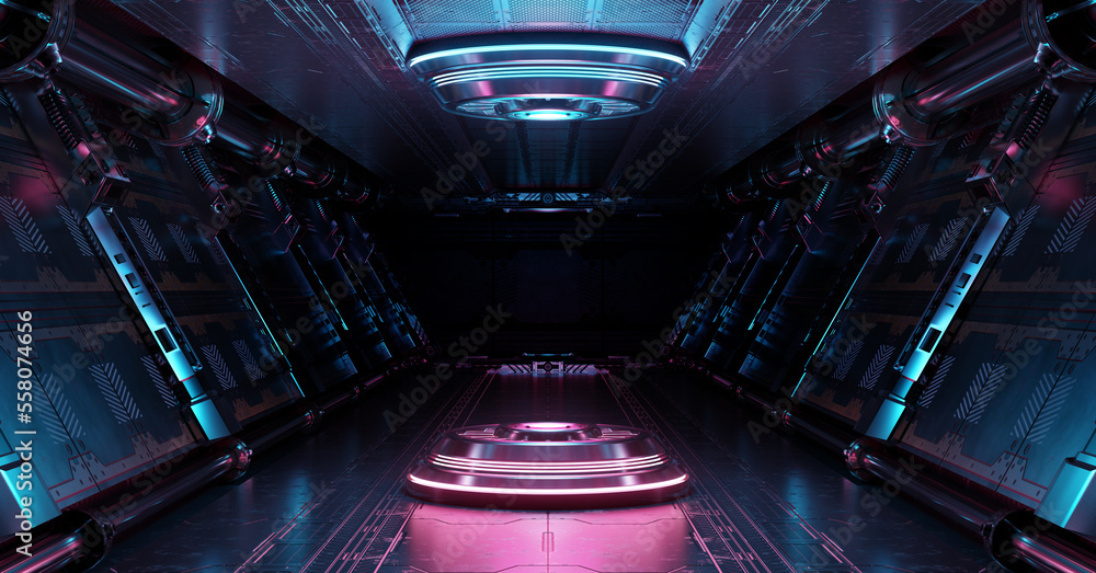 Blue and pink spaceship interior with projector. Futuristic corridor in ...