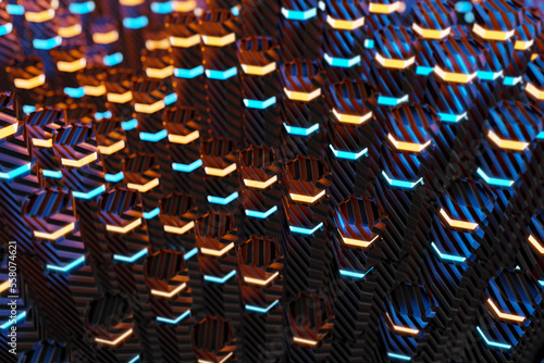 Metallic black blue and orange glowing hexagons moving pillars background 3D ...
