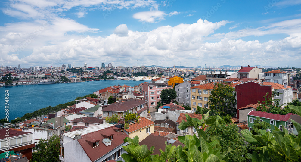 View from the roof of the Bosphorus Strait. Summer panoramic landscape in  Istanbul