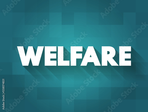 Welfare is a type of government support intended to ensure that members of a society can meet basic human needs, text concept background