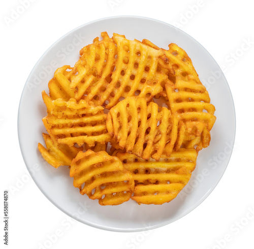 Fried Wafer Potato in white plate on white background, Fried wafer potato on white PNG File.