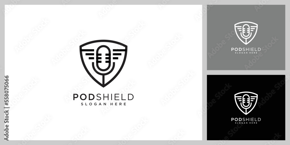 podcast and shield logo vector design template