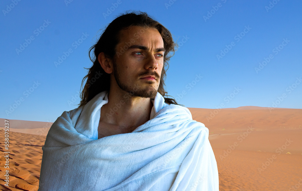 Portrait of a man resembling Jesus in the desert