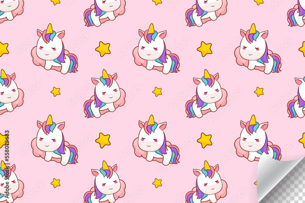 Cute unicorn seamless pattern. Adorable pony horse cartoon character. Hand drawn Kawaii animal pattern. Endless background for textiles, notebooks, cards and children birthday celebrations. 