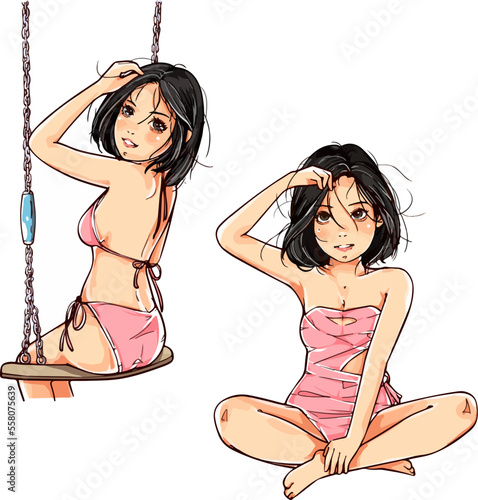 Anime bikini sexy girl drawing vector 