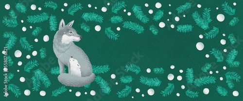 Winter snow wolf with cub banner