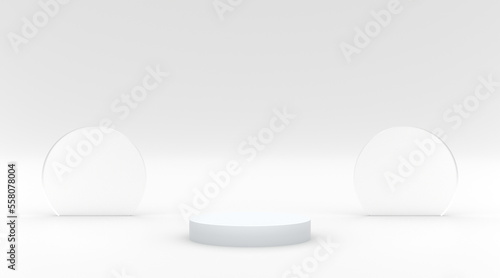 Podium white with white background and circle glass effect 3d illustration render for your product design flyer and etc © mim232