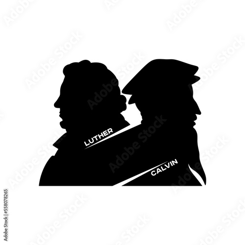 Christian Illustration. Silhouettes of the great Christian reformers. Martin Luther and John Calvin.