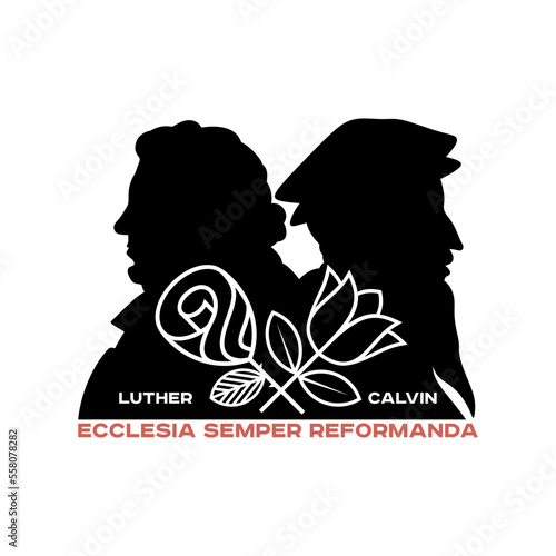Christian Illustration. Silhouettes of the great Christian reformers. Martin Luther and John Calvin.