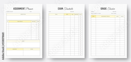 Study planner templates. Assignment planner template. Exam timetable planner. Grade tracker template. 3 Set of minimalist planners. Kdp interior planner template design. Set of planners. Eps10 vector