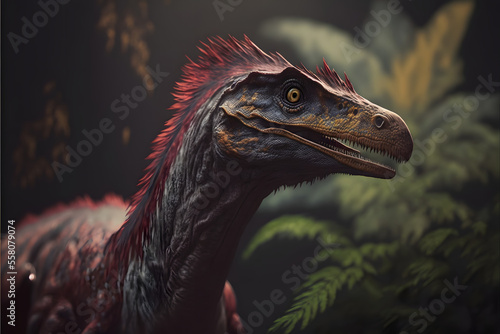 portrait close up of a beautiful feathered theropod dinosaur  3D reptile  Prehistoric  illustration digital generative ai design art style