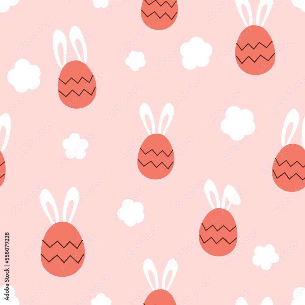 Seamless pattern with Easter eggs, rabbit bunny ears and cute flower on pink background vector illustration. Cute childish print.