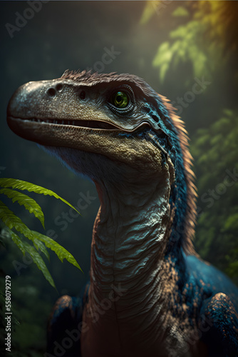 portrait close up of a beautiful feathered theropod dinosaur, 3D reptile, Prehistoric, illustration digital generative ai design art style © Luc.Pro