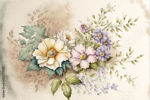 a painting of a bouquet of flowers with leaves and flowers on a white background with a blue and yellow flower on the left side of the picture, and a green and white flower on the right.