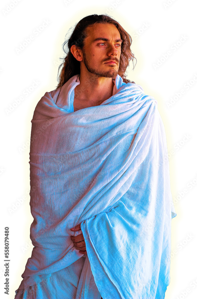 Holy, handsome man in white robe looks like Jesus portrait on white background